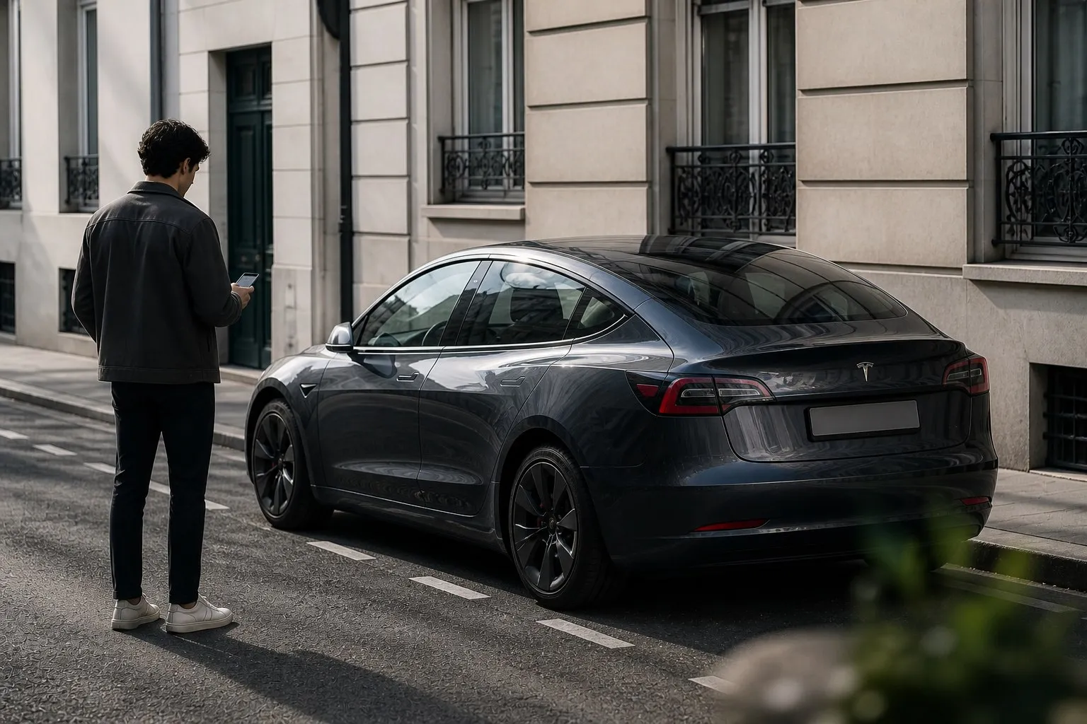 Tesla Model 3 dans une rue haussmannienne à Paris