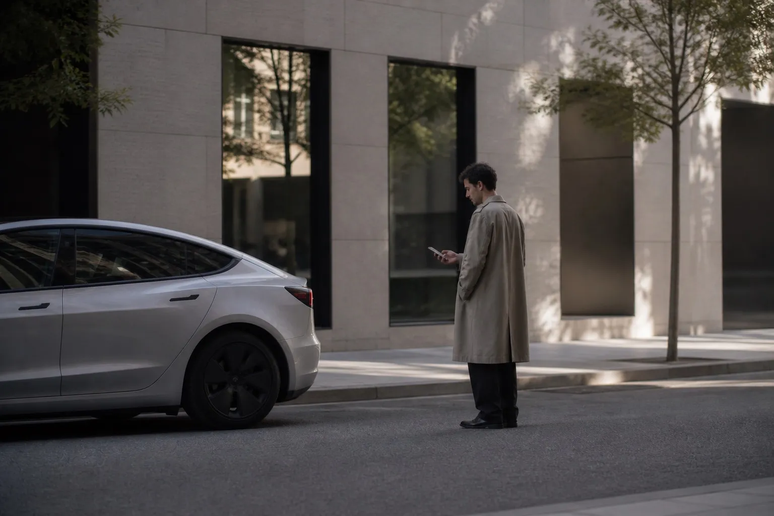 Homme en manteau consultant son téléphone à côté d'une Tesla Model 3 garée en ville