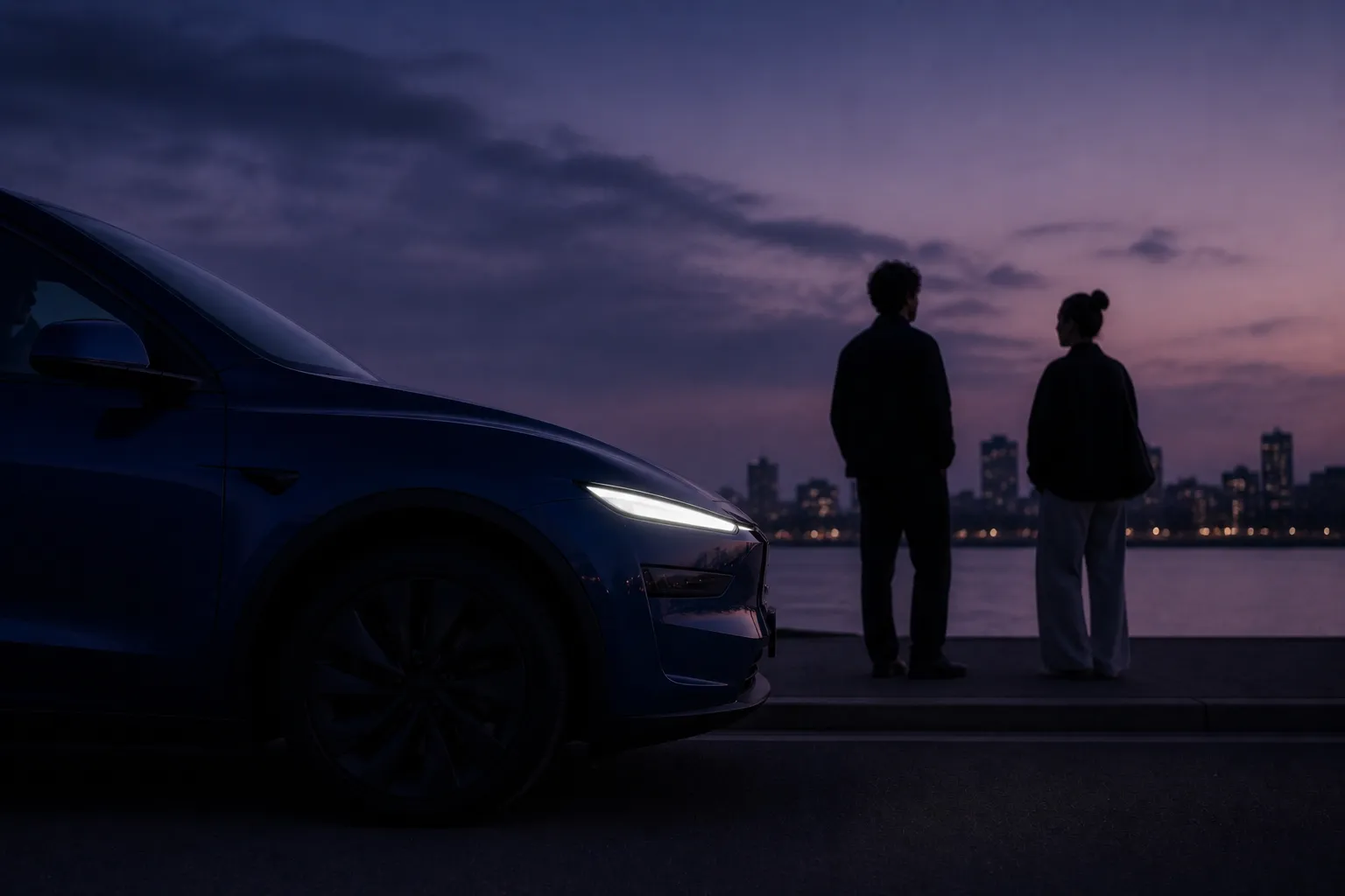 Couple devant une Tesla Model Y électrique sur un quai à la tombée de la nuit — investir dans la mobilité électrique avec Jool
