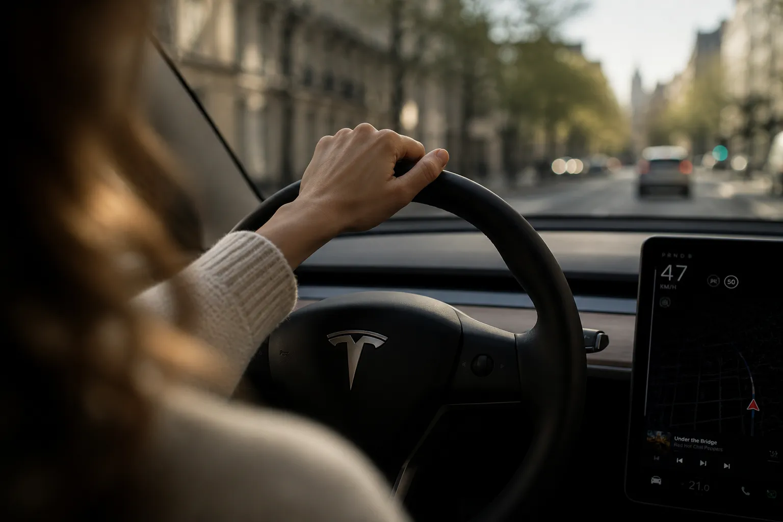 Femme au volant d'une Tesla Model 3 en ville