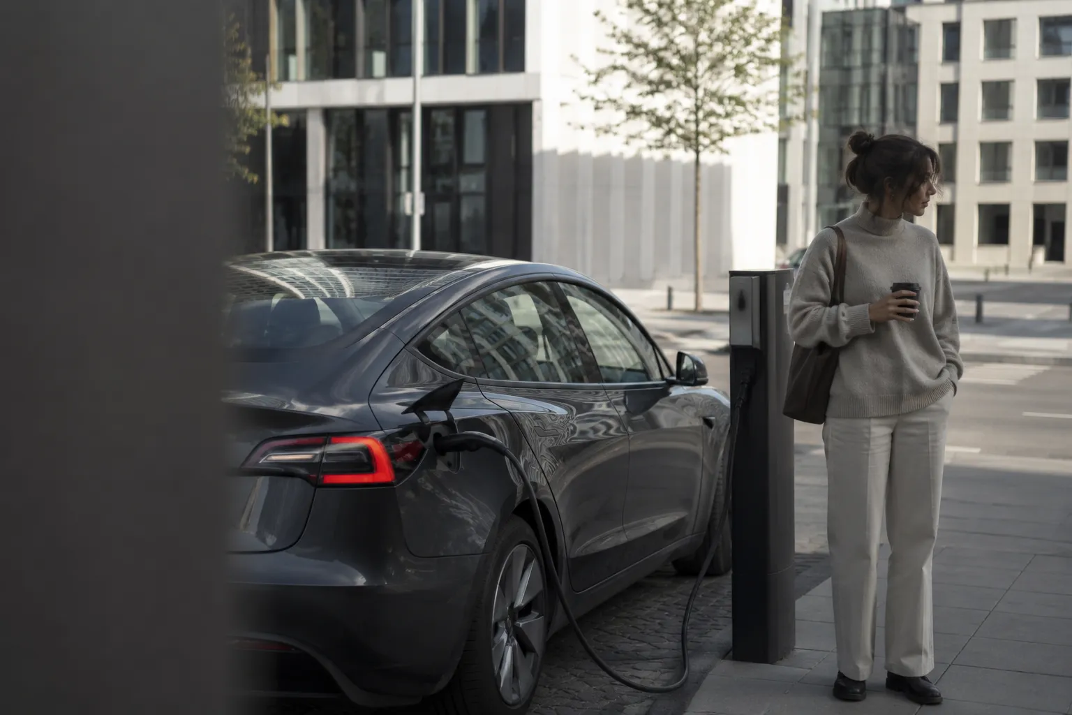 Femme rechargeant sa Tesla Model 3 à une borne en ville