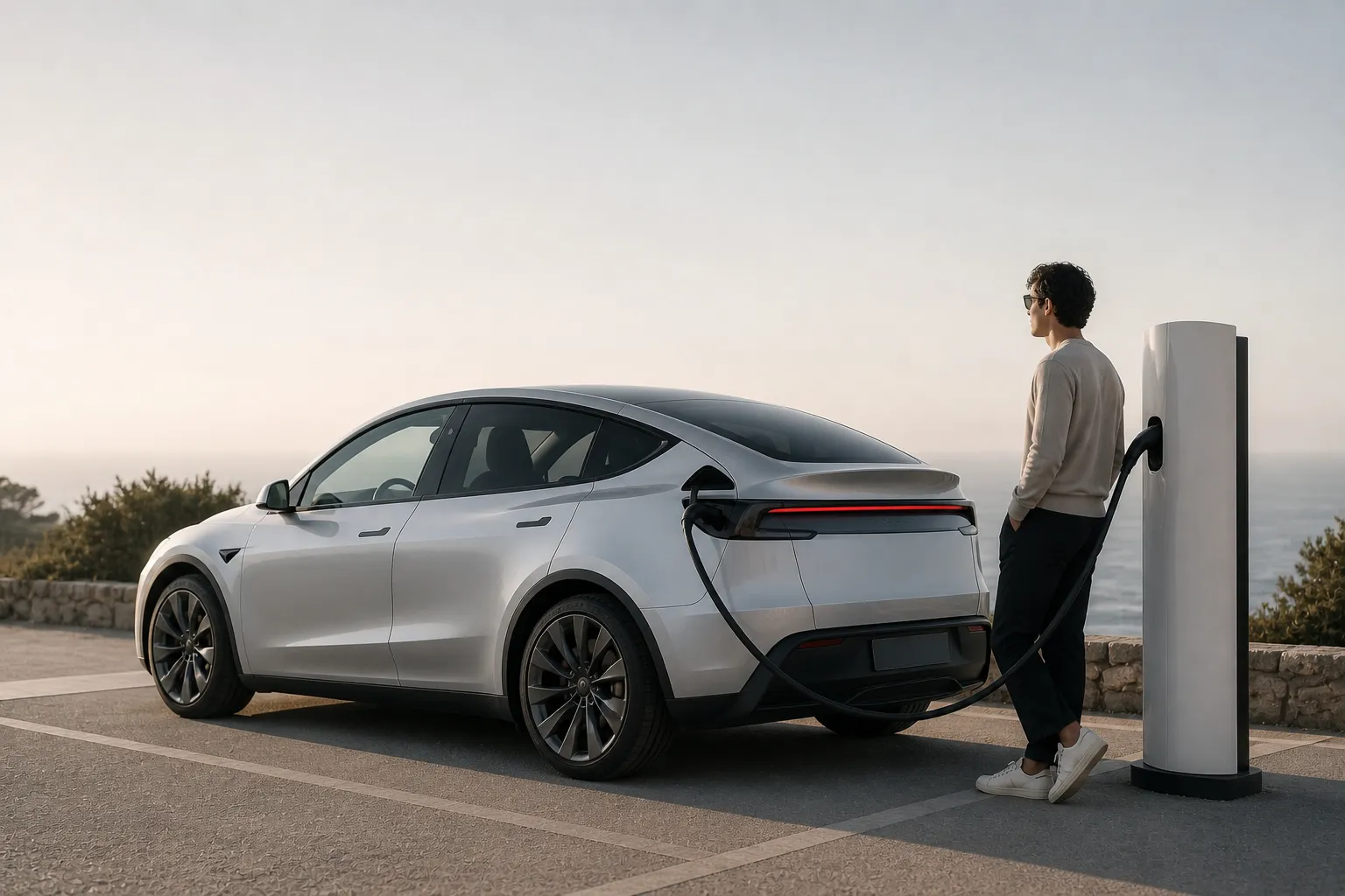 Tesla Model Y en recharge à une borne en bord de mer