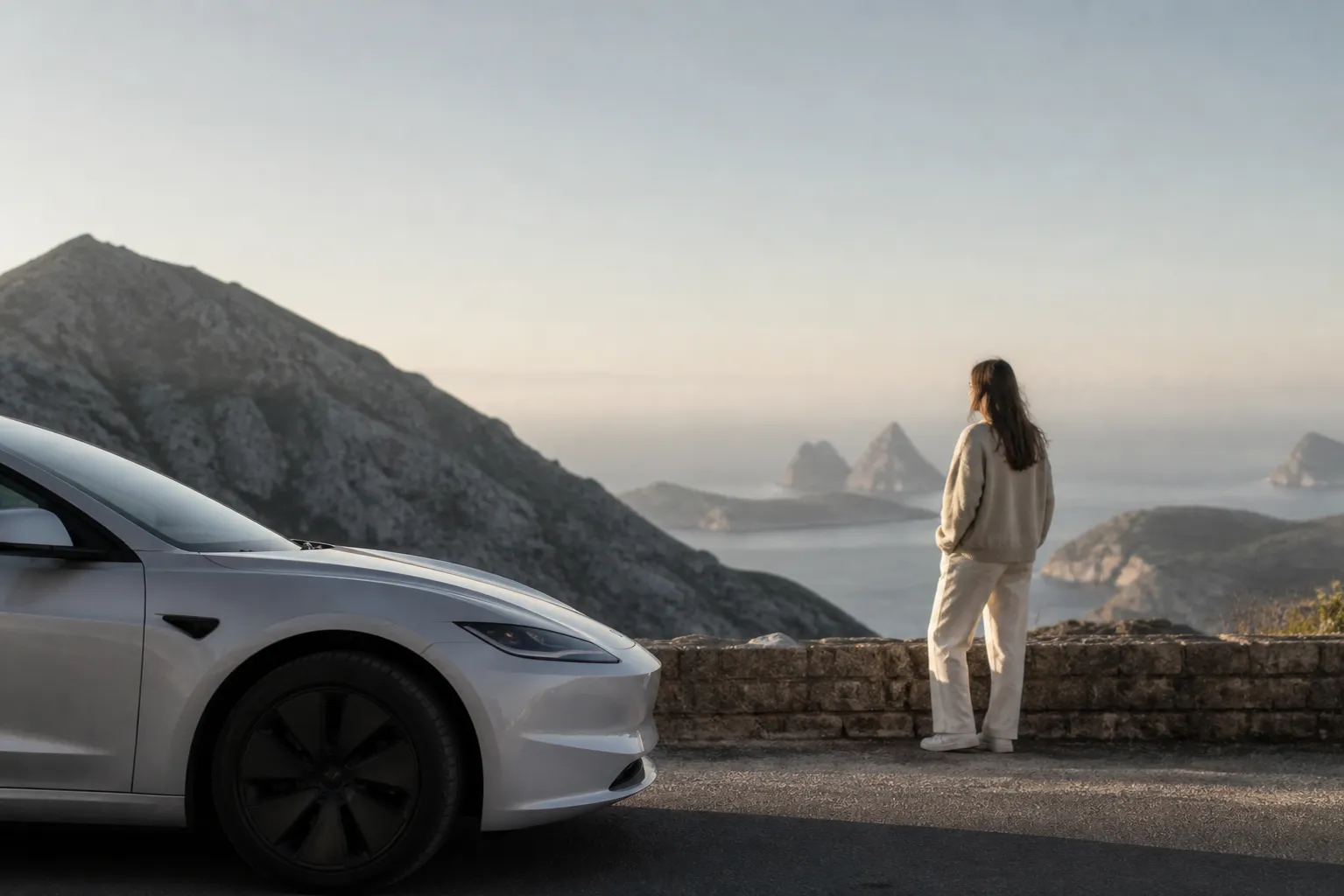Tesla Model 3 blanche sur une falaise en Bretagne, femme à côté du véhicule