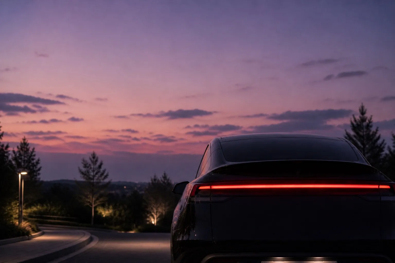 Voiture électrique Jool vue de dos sur une route au crépuscule