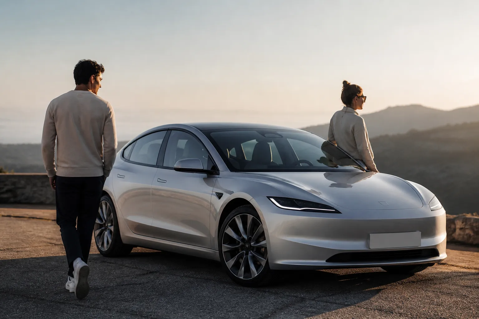 Couple in front of a Tesla Model 3 at sunset — Jool electric car rental